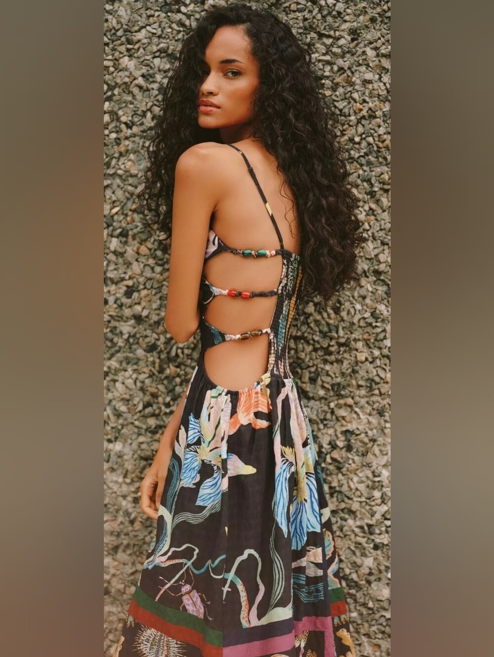 Anthropologie Black Tropical Beaded Cut-Out Midi Dress